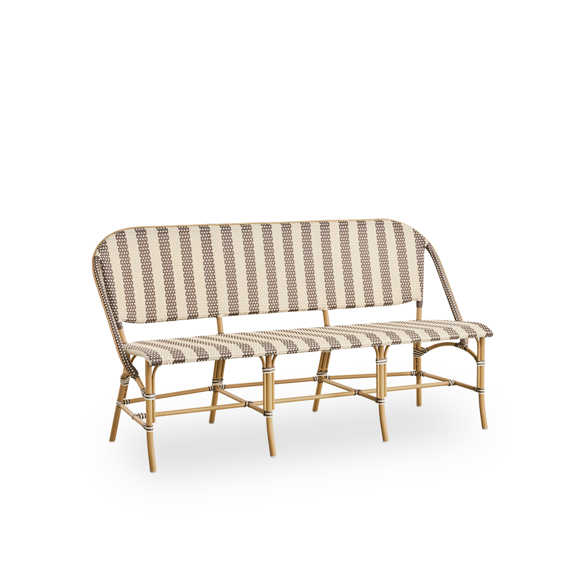 Side view af Sofie udendørs bænk, inspireret af fransk caféstil. Rattan-ramme med fuldt flettet sæde og ryg håndlavet i ArtFibre med brede striber i elfenben og brun. Stabelbar rattan-bistrobænk.