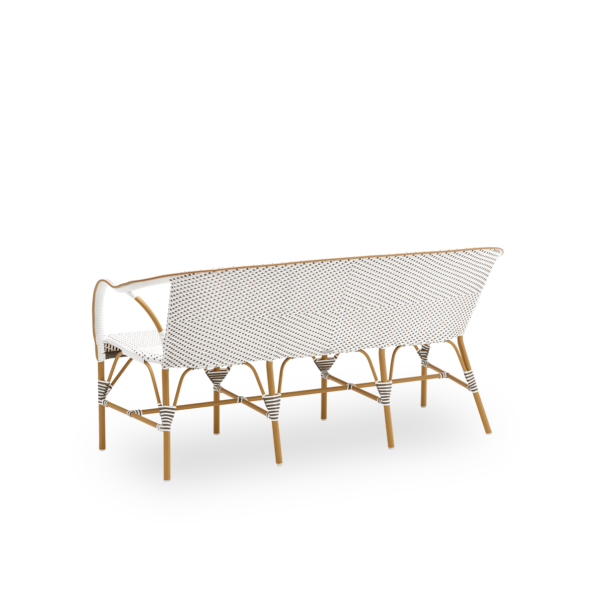 Skrå bagvisning af Madeleine udendørs bænk, i mandelfarvet stel og hvid ArtFibre med cappuccino-prikker. Del af Alu-Affäire-kollektionen, inspireret af Sika-Designs egne designs fra 1950'erne og parisiske bistroer. Kan stå ude hele året.