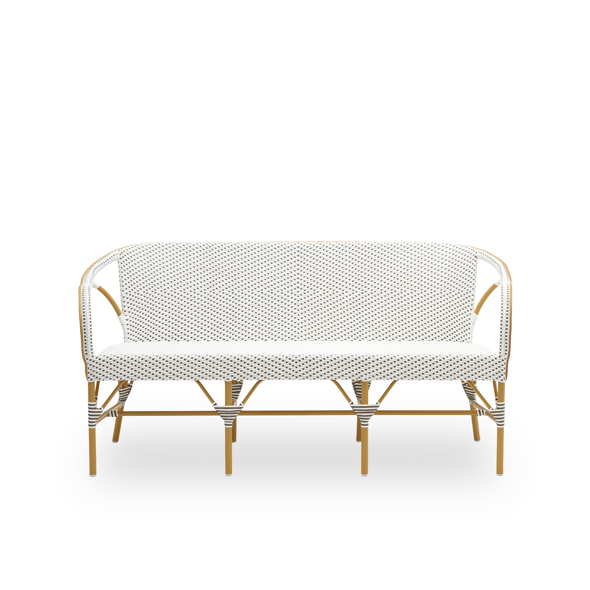 Visning forfra af Madeleine udendørs bænk, i mandelfarvet stel og hvid ArtFibre med cappuccino-prikker. Del af Alu-Affäire-kollektionen, inspireret af Sika-Designs egne designs fra 1950'erne og parisiske bistroer. Kan stå ude hele året.