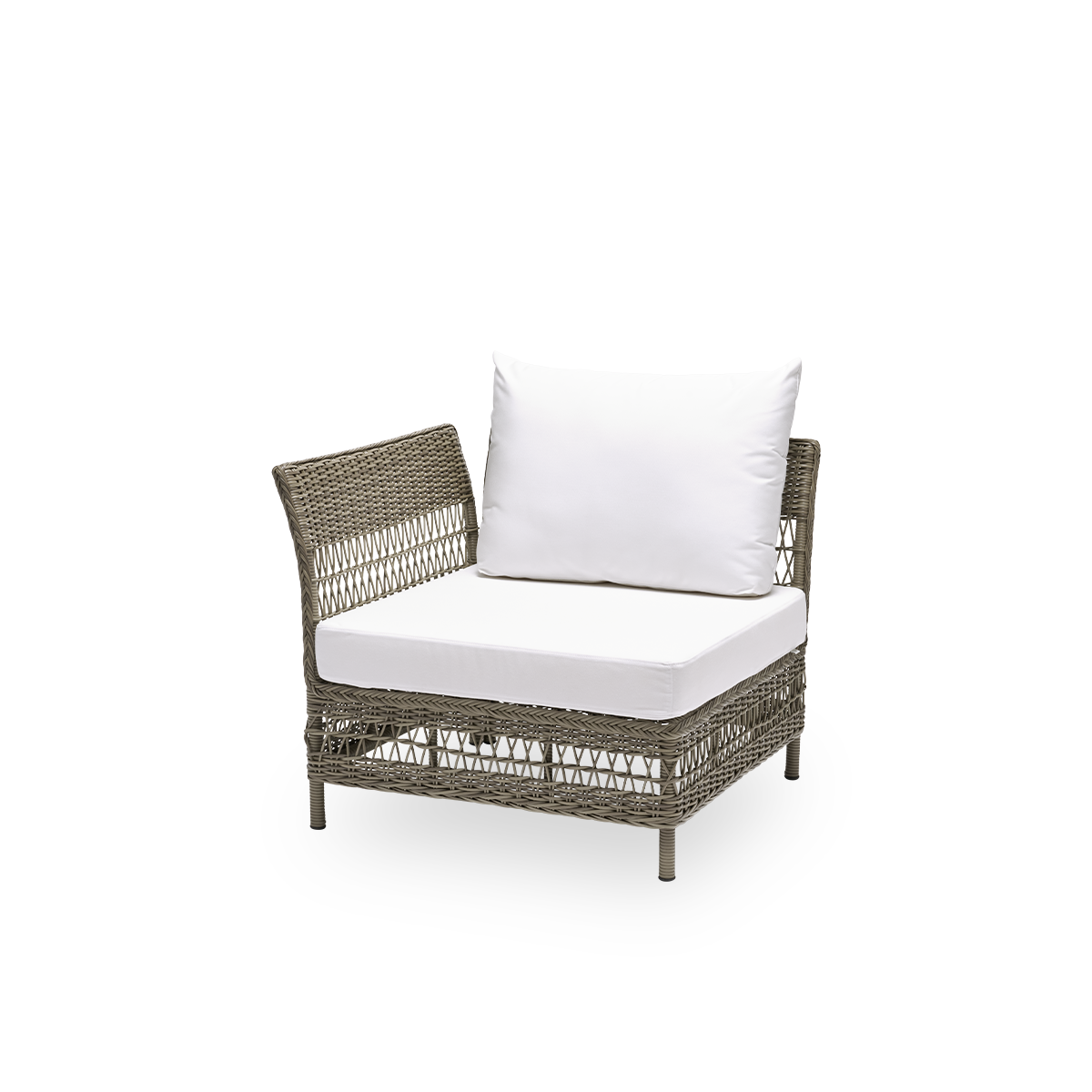 Sidevisning af Mona udendørs sofa, hjørnemodul med sæde- og ryghynde, i antikgrå ArtFibre og aluminium. Del af Mona modulsofaen, der tilpasser sig formen på det uderum, den står i. Håndflettet i vejrbestandig ArtFibre på aluminiumsstel til udendørs brug.