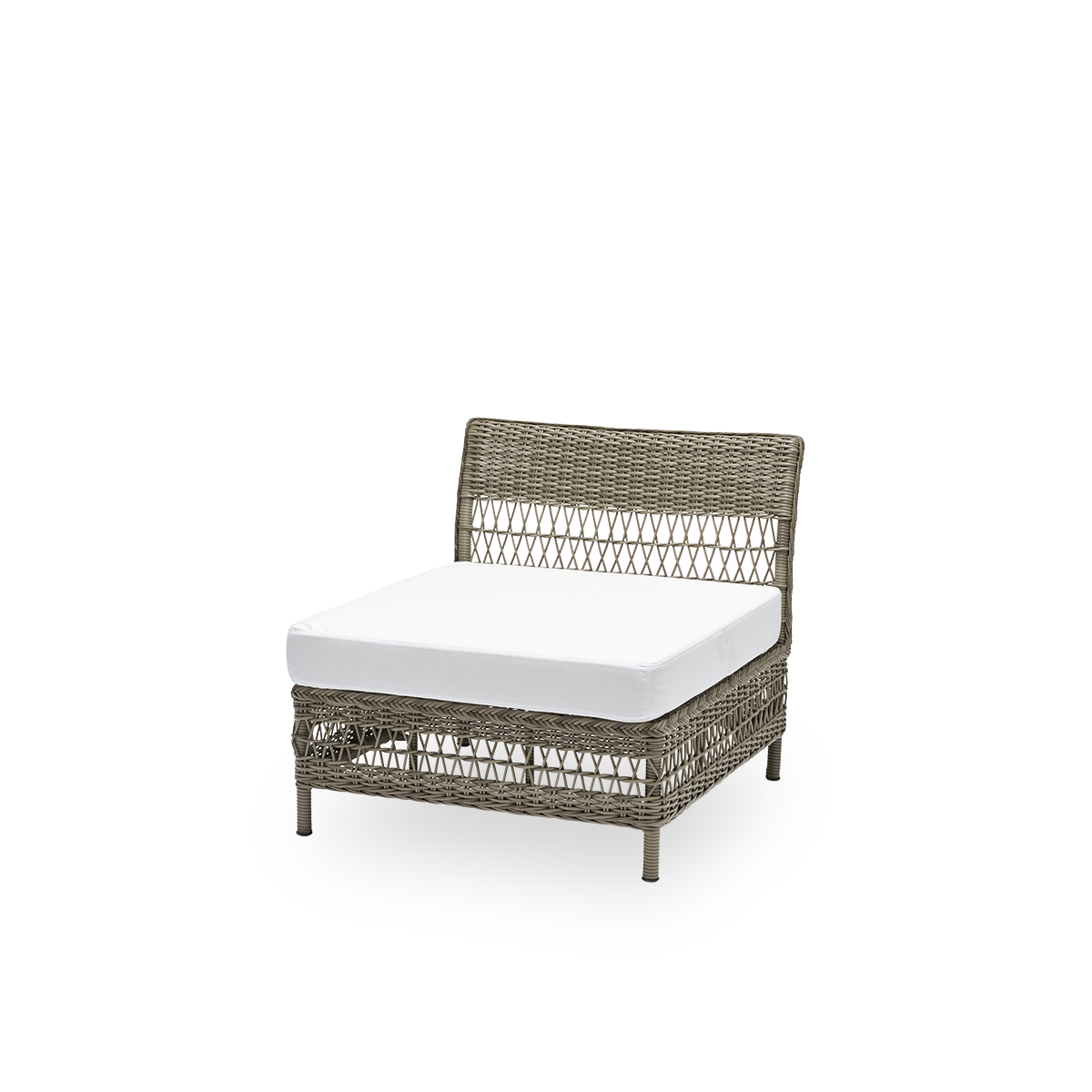 Sidevisning af Mona udendørs sofa, midtermodul med sædehynde, i antikgrå ArtFibre og aluminium. Del af Mona modulsofaen, der tilpasser sig formen på det uderum, den står i. Håndflettet i vejrbestandig ArtFibre på aluminiumsstel til udendørs brug.