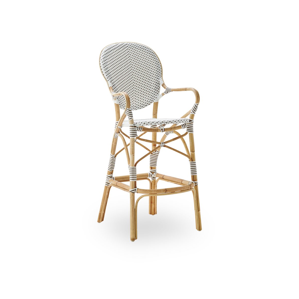 Side view af Isabell barstol med høj ryg, armlæn og fodstøtte. Naturlig rattanramme med sæde i ArtFibre i hvid med cappuccino-prikker. Inspireret af 1950’ernes bistrodesign.