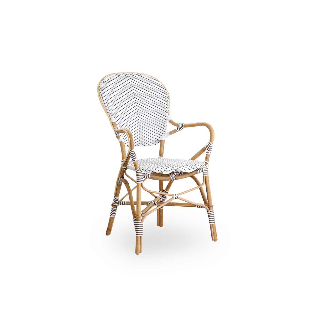 Side view af Isabell spisestol med armlæn. Rattanramme med sæde og ryg i hvid ArtFibre med brune prikker. Inspireret af 1950’ernes bistrodesign.