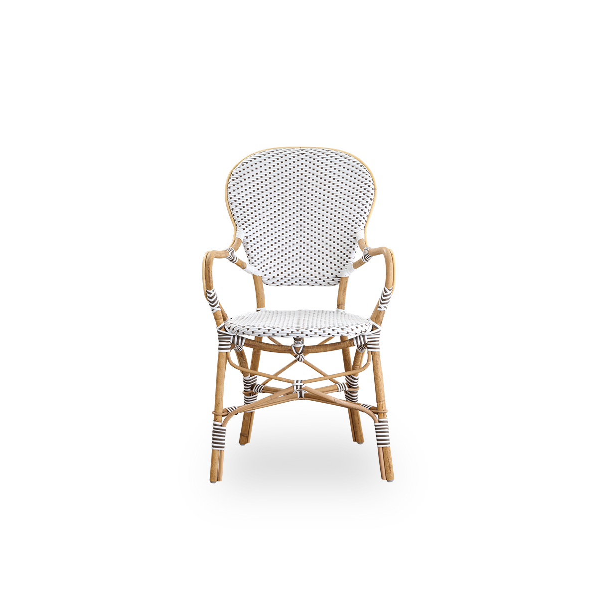 Ren front vinkel af Isabell spisestol med armlæn.
Rattanramme med sæde og ryglæn i hvid ArtFibre med brune prikker. Inspireret af bistrodesign fra 1950’erne.