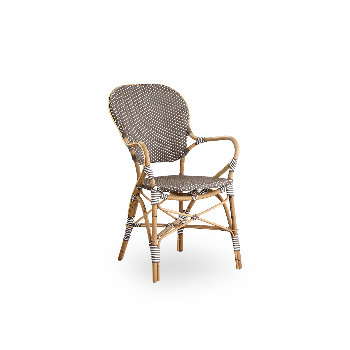 Side view af Isabell spisestol med armlæn. Rattanramme med sæde og ryg i brun ArtFibre med hvide prikker. Inspireret af 1950’ernes bistrodesign.