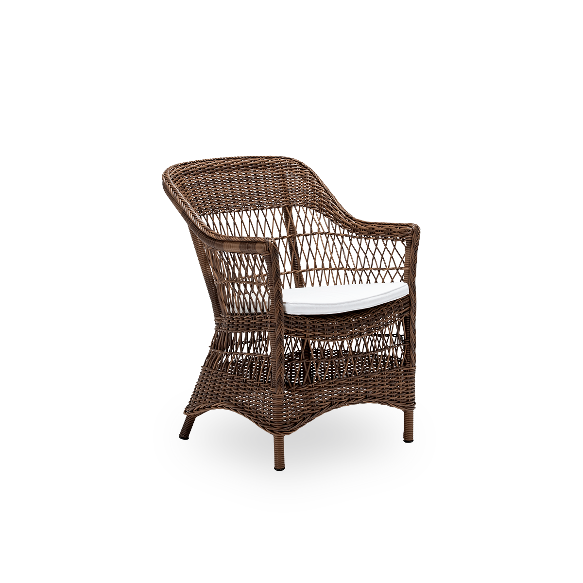 Sidevisning af Charlot udendørs spisebordsstol med sædehynde, i brun ArtFibre og aluminium. Fra Sika-Designs Georgia Garden-kollektion, inspireret af britisk kolonistil og klassisk dansk flet, med armlæn og høj ryg.