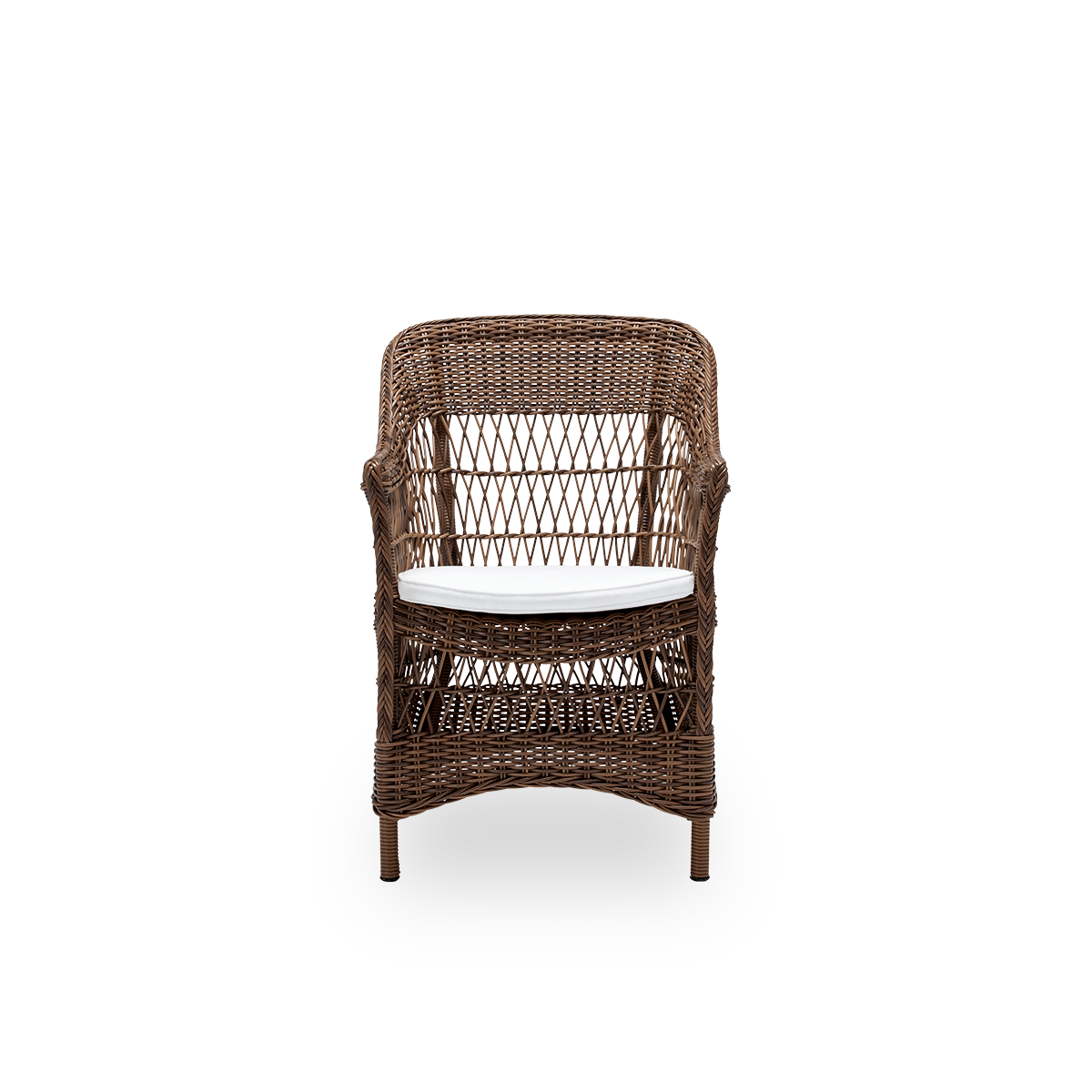 Forsidevisning af Charlot udendørs spisebordsstol med sædehynde, i brun ArtFibre og aluminium. Fra Sika-Designs Georgia Garden-kollektion, inspireret af britisk kolonistil og klassisk dansk flet, med armlæn og høj ryg.