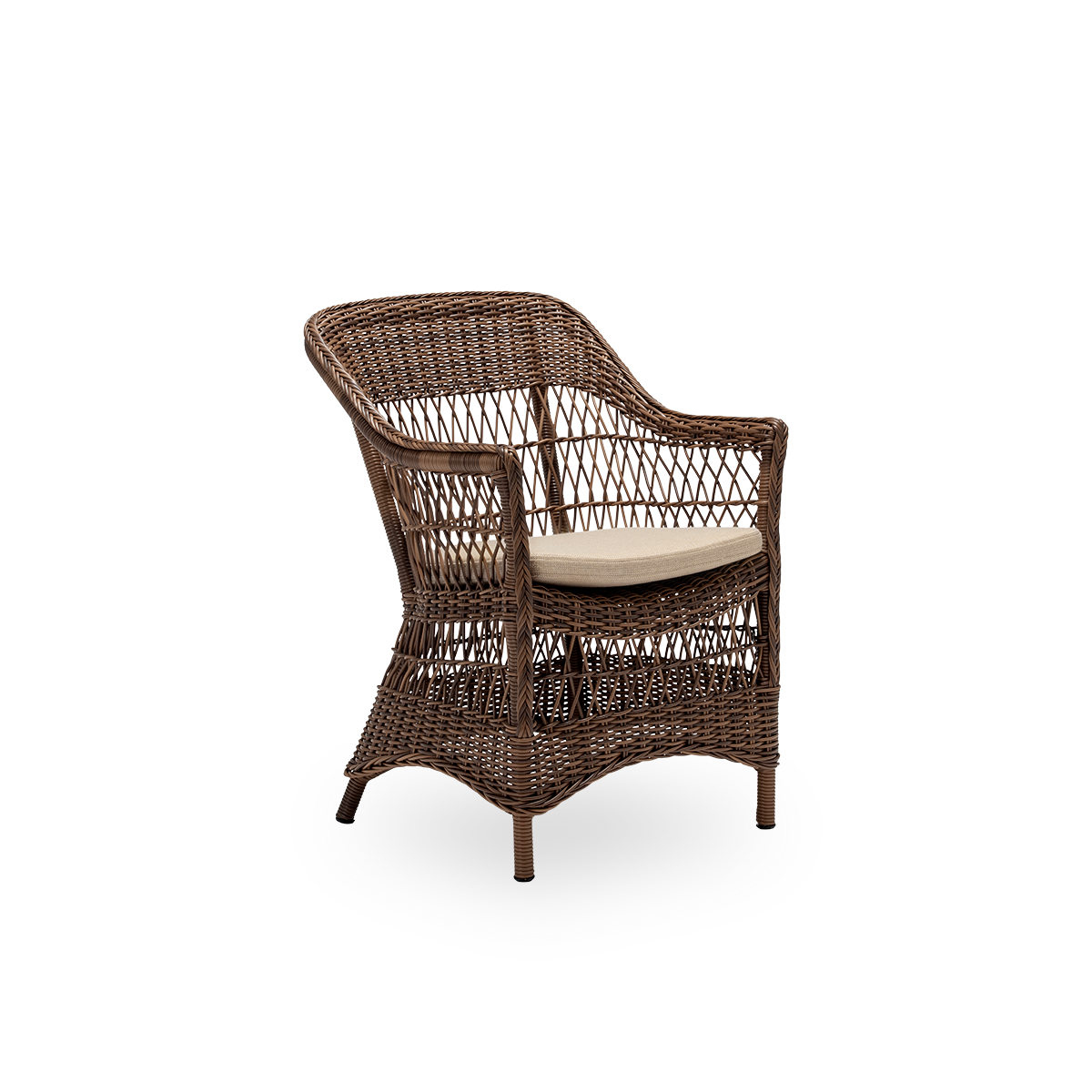 Sidevisning af Charlot udendørs spisebordsstol med hynder i et alternativt stof, i brun ArtFibre og aluminium. Fra Sika-Designs Georgia Garden-kollektion, inspireret af britisk kolonistil og klassisk dansk flet, med armlæn og høj ryg.