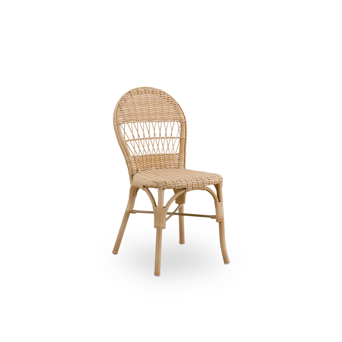 Side view af Ofelia udendørs spisestol i antique Natural farve. En mindre spisestol uden armlæn, lavet af aluminiumsramme fuldt flettet med ArtFibre.