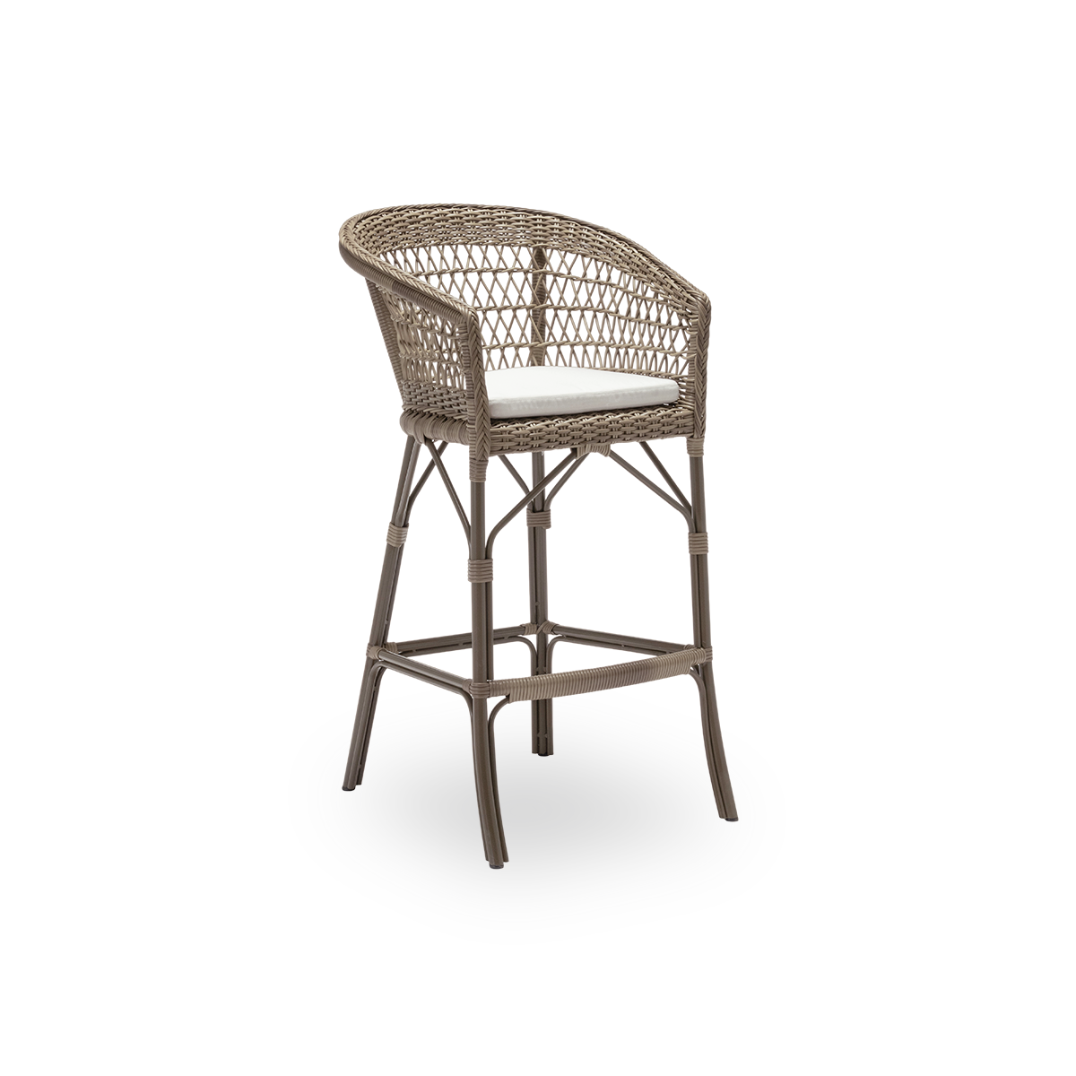 Sidevisning af Emma udendørs barstol med sædehynde, i antikgrå ArtFibre og aluminium. Fra Sika-Designs Georgia Garden-kollektion, velegnet til både private hjem og til hoteller og restauranter.