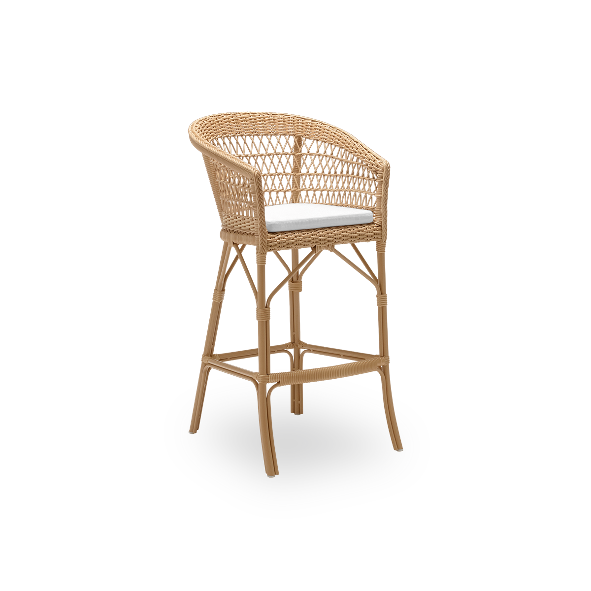 Sidevisning af Emma udendørs barstol med sædehynde, i naturfarvet ArtFibre og aluminium. Fra Sika-Designs Georgia Garden-kollektion, velegnet til både private hjem og til hoteller og restauranter.