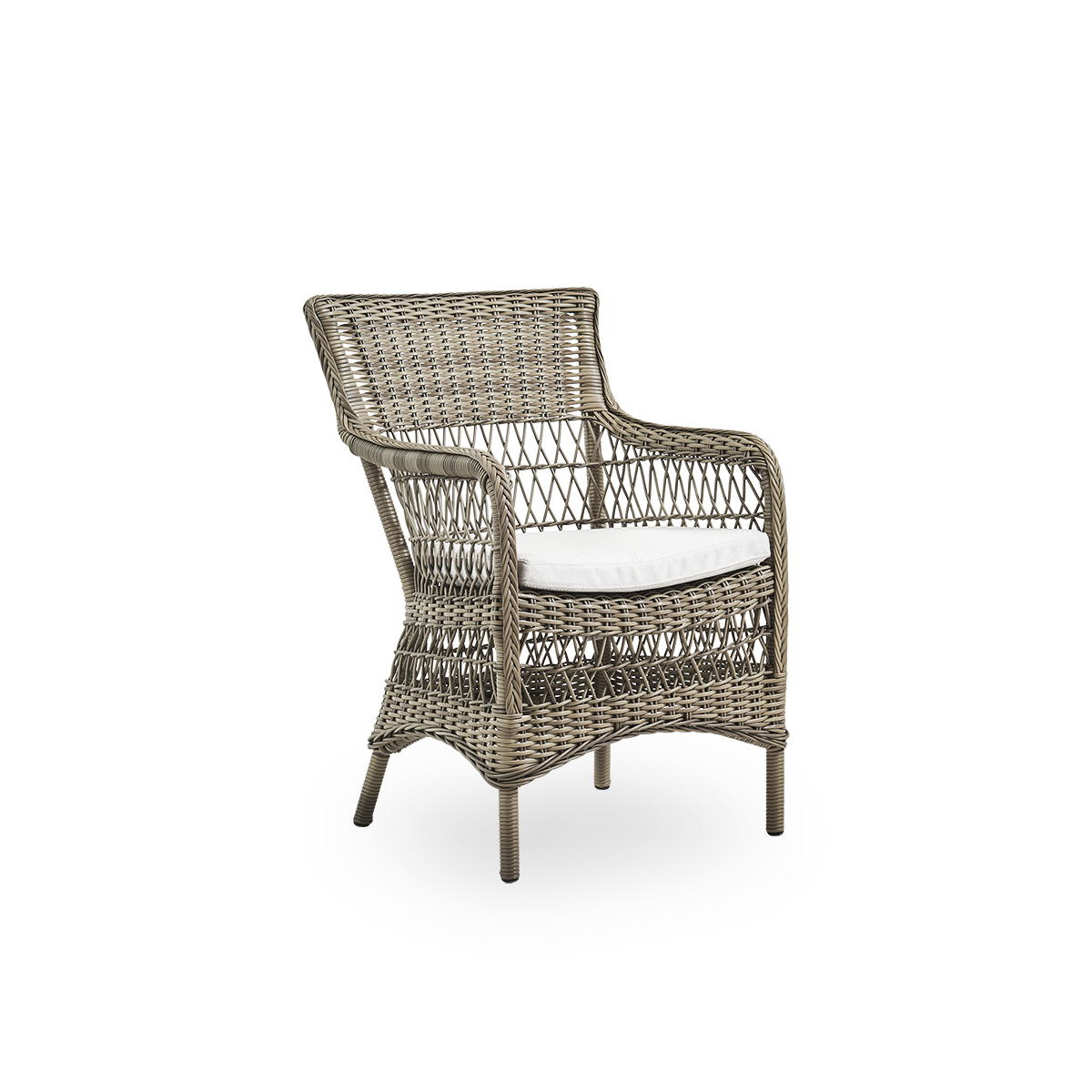 Side view af Marie udendørs spisestol med armlæn i Antique grey farve. Aluminiumsramme fuldt flet med ArtFibre, inspireret af britisk kolonistil.