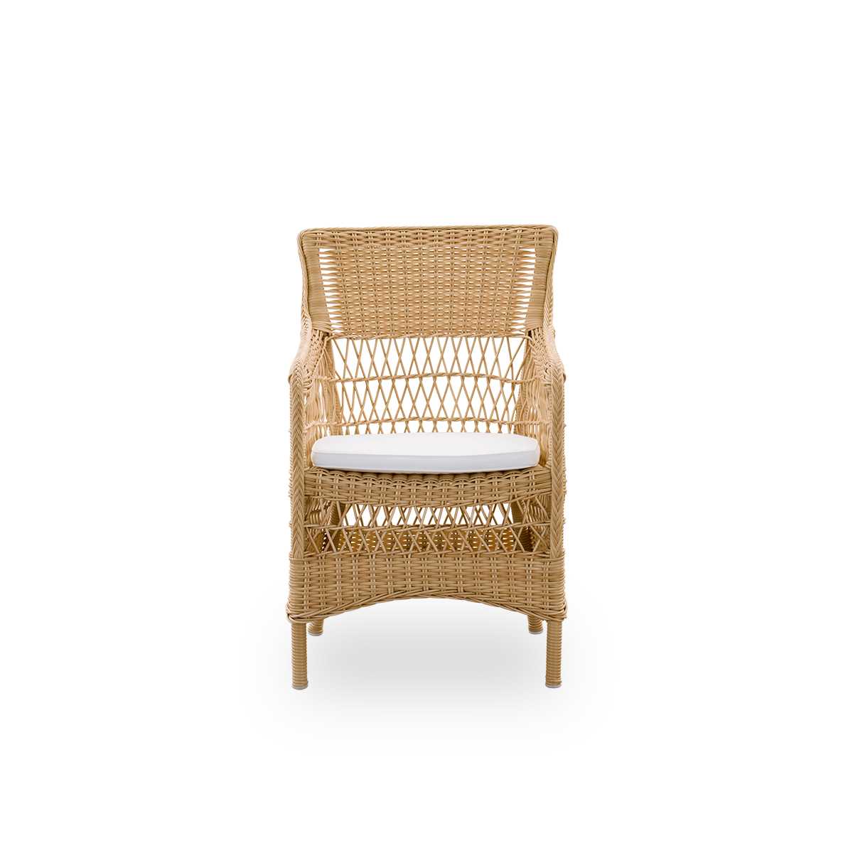 Ren front vinkel af Marie udendørs spisestol med armlæn, præsenteret i Natural farve.
Aluminiumsramme fuldt flettet med ArtFibre, inspireret af britisk kolonistil.