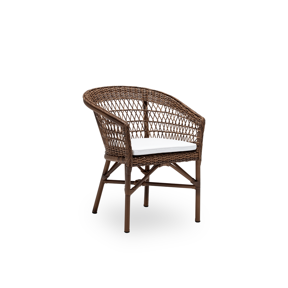 Sidevisning af Emma udendørs spisebordsstol med sædehynde, i brun ArtFibre og aluminium. Fra Sika-Designs Georgia Garden-kollektion, inspireret af britisk kolonistil og klassiske danske flettede møbler.