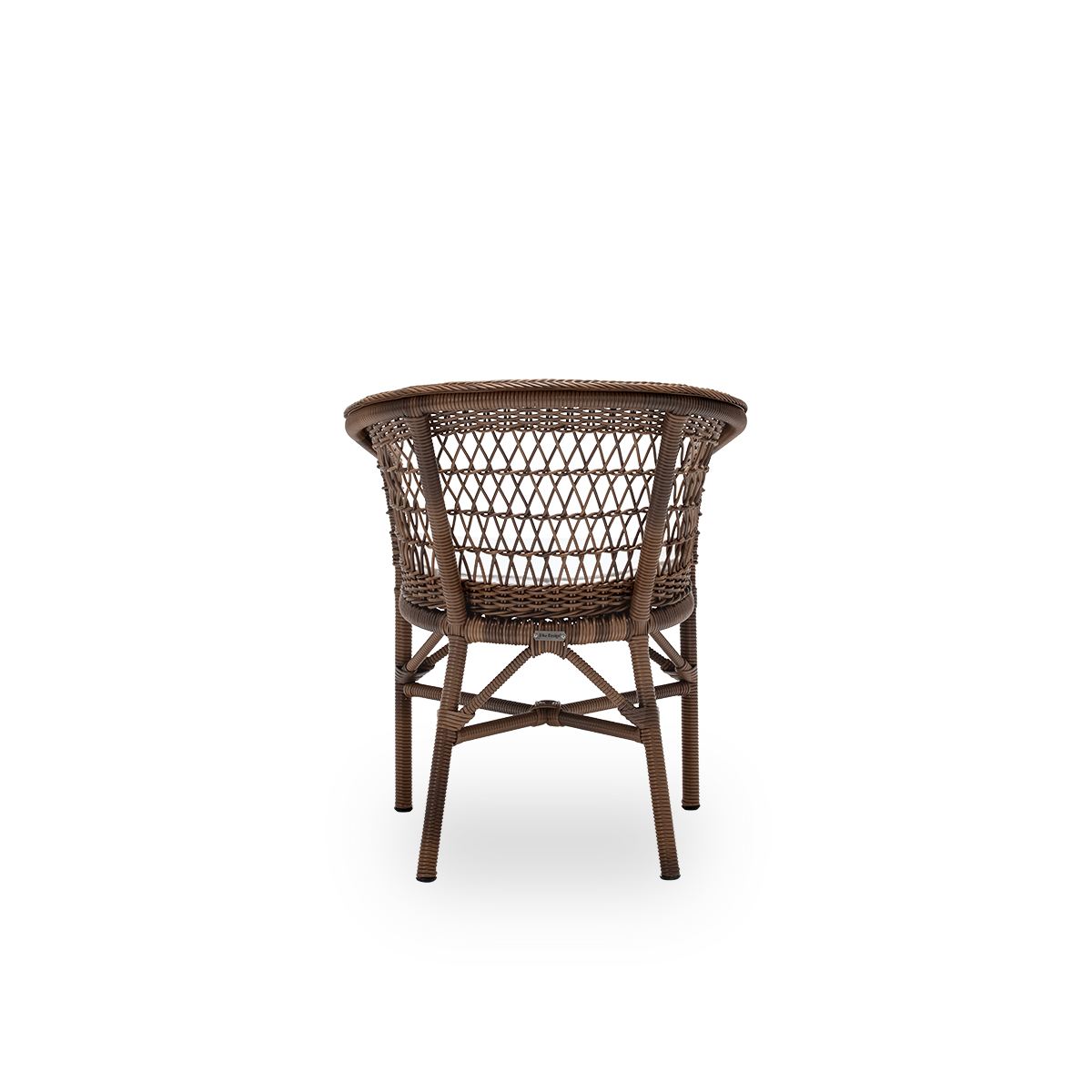 Ren bagvisning af Emma udendørs spisebordsstol med sædehynde, i brun ArtFibre og aluminium. Fra Sika-Designs Georgia Garden-kollektion, inspireret af britisk kolonistil og klassiske danske flettede møbler.