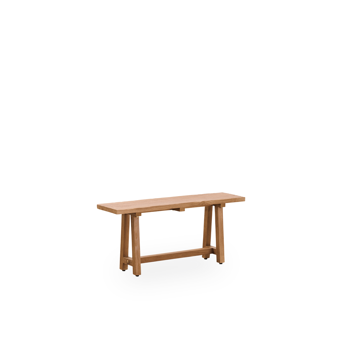 Side view af Lucas indendørs teakbænk, længde 100 cm. En kompakt og elegant teakbænk lavet af patineret teak med rustikt udseende i naturlig kastanjefarve.