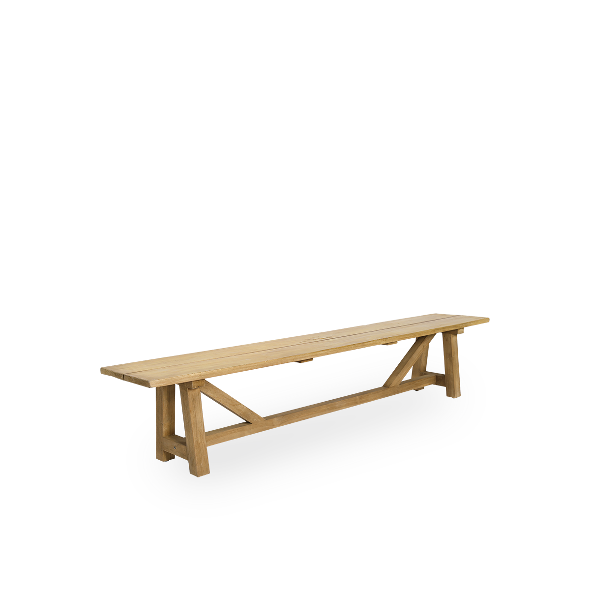 Side view af George udendørs teakbænk. Længden er 220 cm og plads til 4 personer, håndlavet i premium teak fra Indonesien, certificeret som ‘Indonesian Legal Wood’.