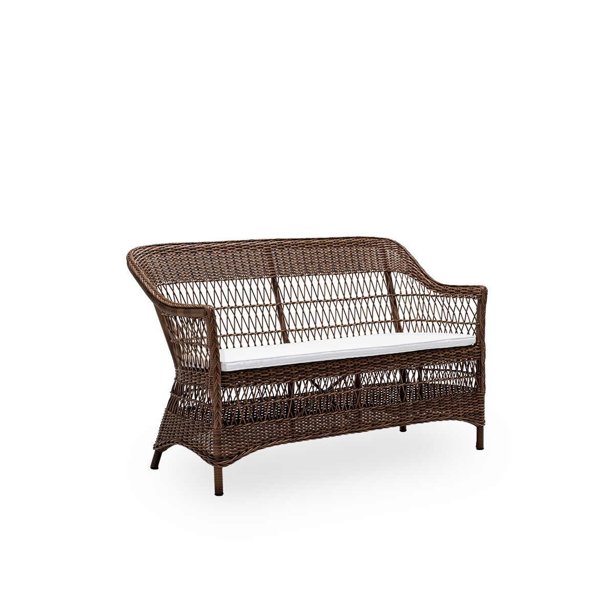 Sidevisning af Charlot udendørs 2-personers sofa med sædehynde, i brun ArtFibre og aluminium. Fra Sika-Designs Georgia Garden-kollektion, inspireret af britisk kolonistil og klassiske danske flettede møbler.