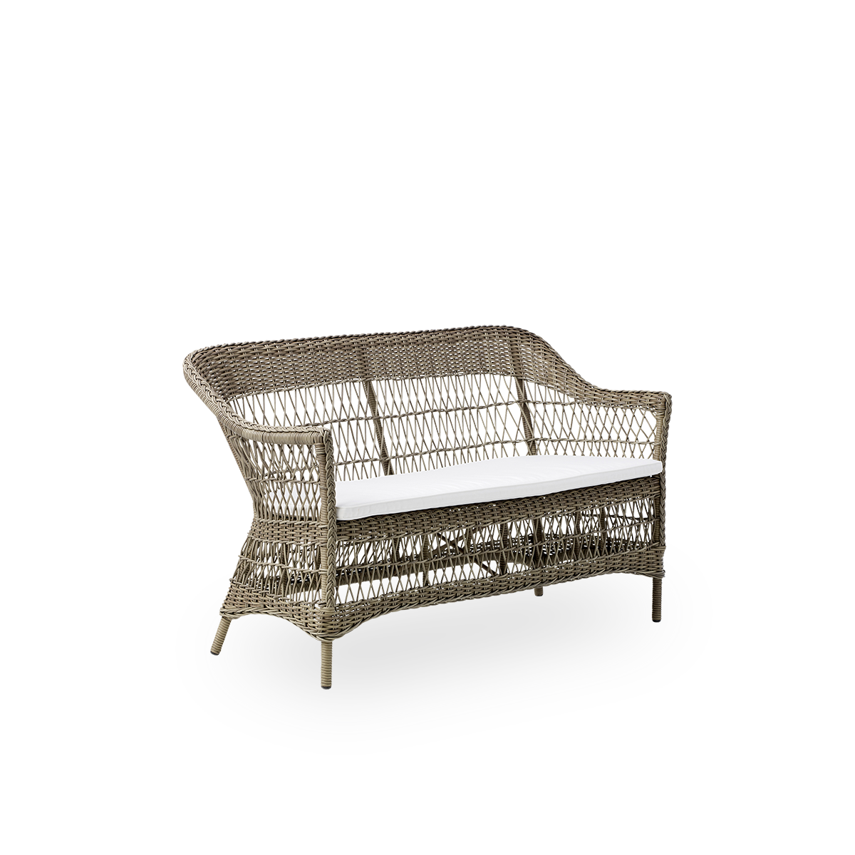 Side view af Charlot 2-personers udendørssofa i Antique Grey, en fuldt flettet udendørssofa i britisk kolonistil, håndlavet i ArtFibre på holdbare aluminiumsrammer.