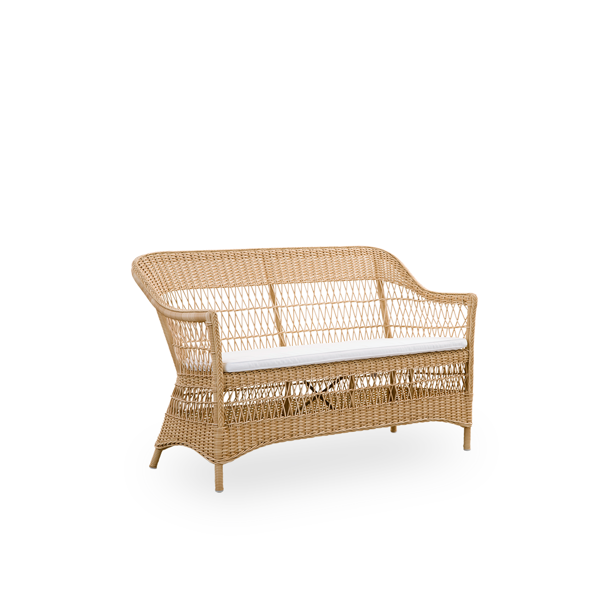 Side view af Charlot 2-personers udendørssofa i Natural, en fuldt flettet udendørssofa i britisk kolonistil, håndlavet i ArtFibre på holdbare aluminiumsrammer.