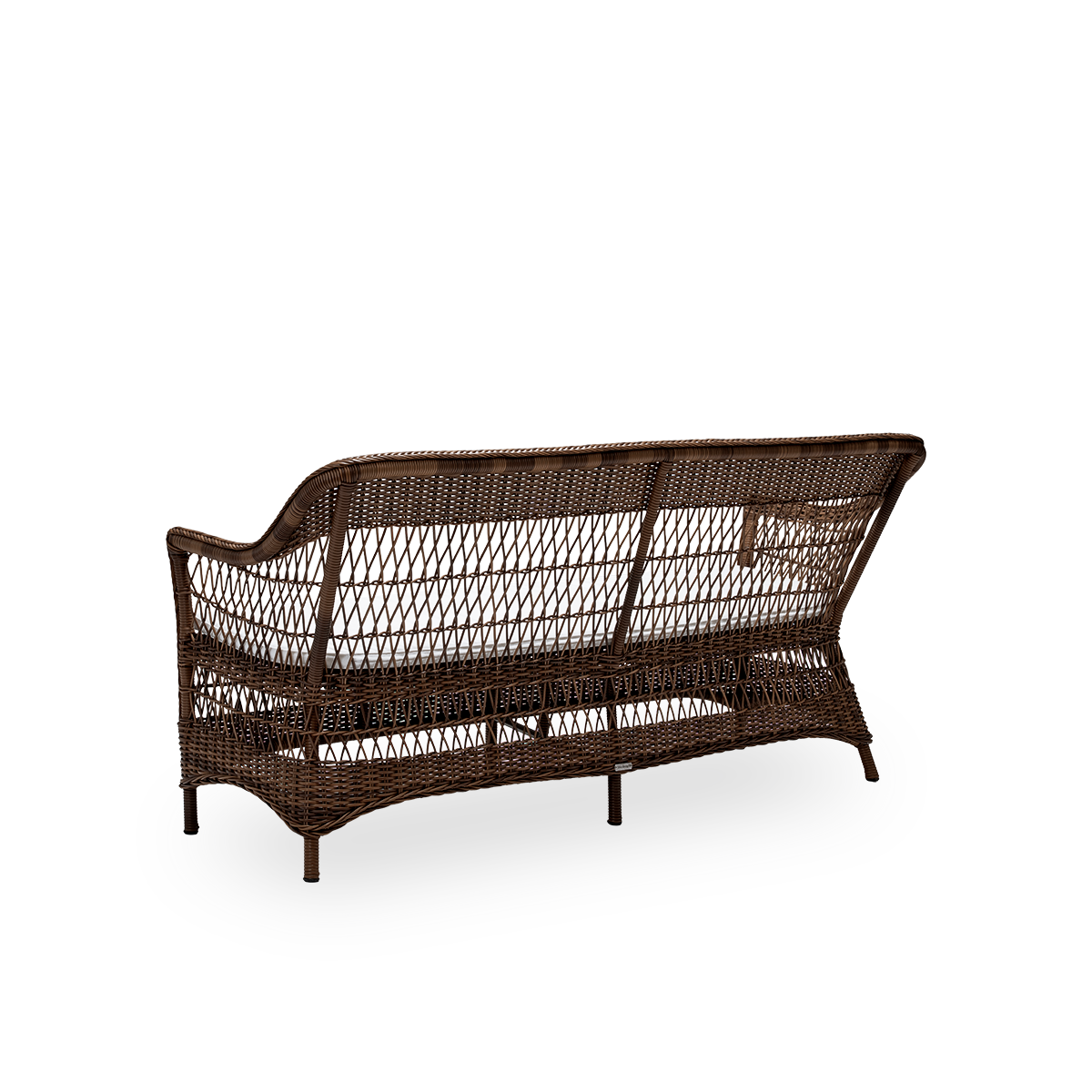 Bagsidevisning af Charlot udendørs 3-personers sofa med sædehynde, i brun ArtFibre og aluminium. Fra Sika-Designs Georgia Garden-kollektion, inspireret af britisk kolonistil og klassiske danske flettede møbler.