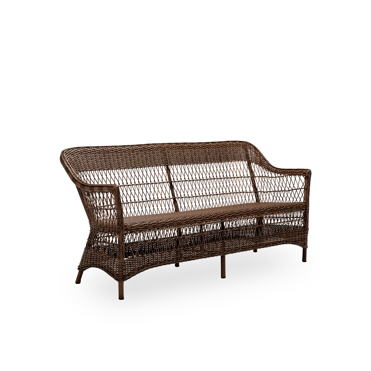 Sidevisning af Charlot udendørs 3-personers sofa, i brun ArtFibre og aluminium. Fra Sika-Designs Georgia Garden-kollektion, inspireret af britisk kolonistil og klassiske danske flettede møbler.