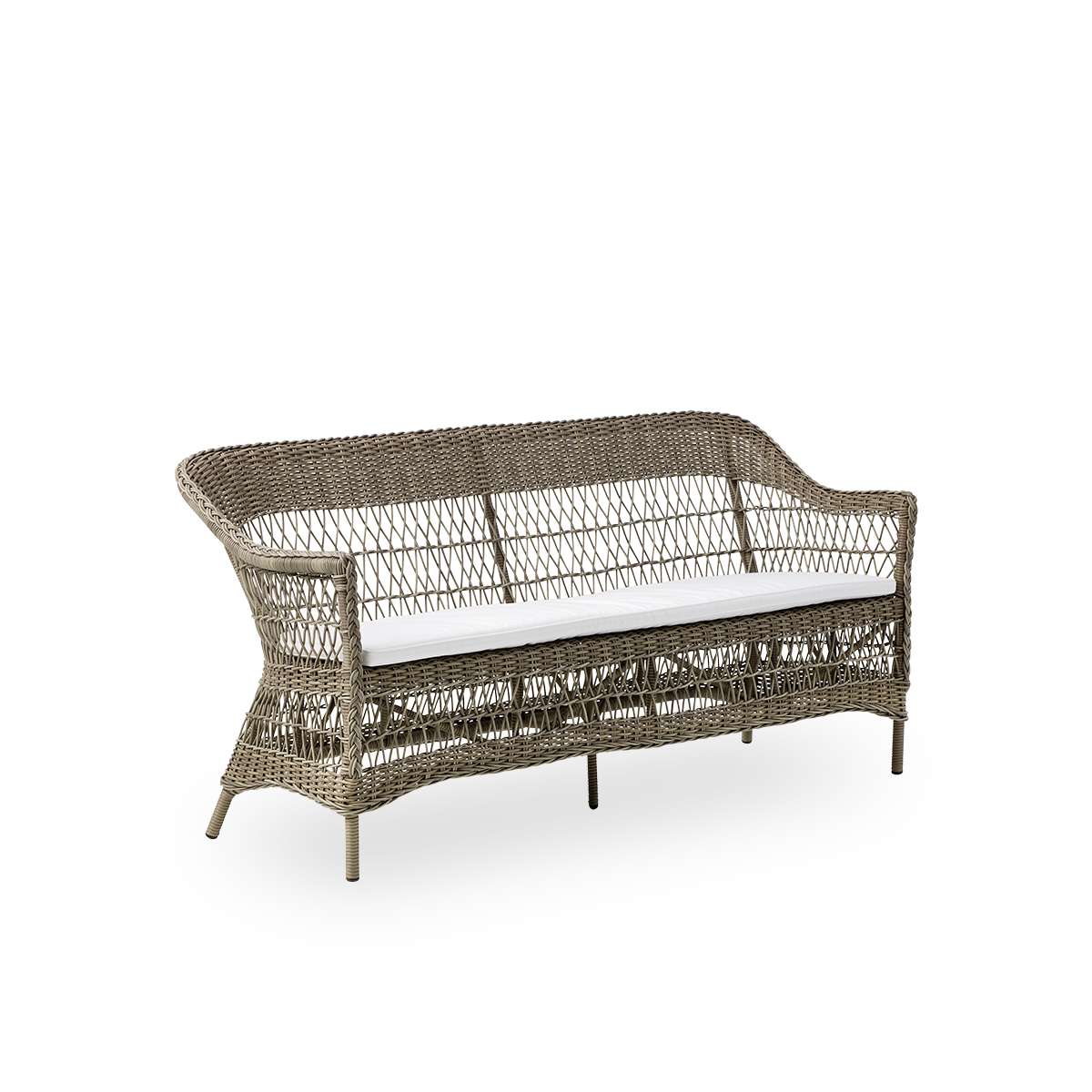 Side view af Charlot 3-personers udendørssofa i Antique Grey, en fuldt flettet udendørssofa i britisk kolonistil, håndlavet i ArtFibre på holdbare aluminiumsrammer.