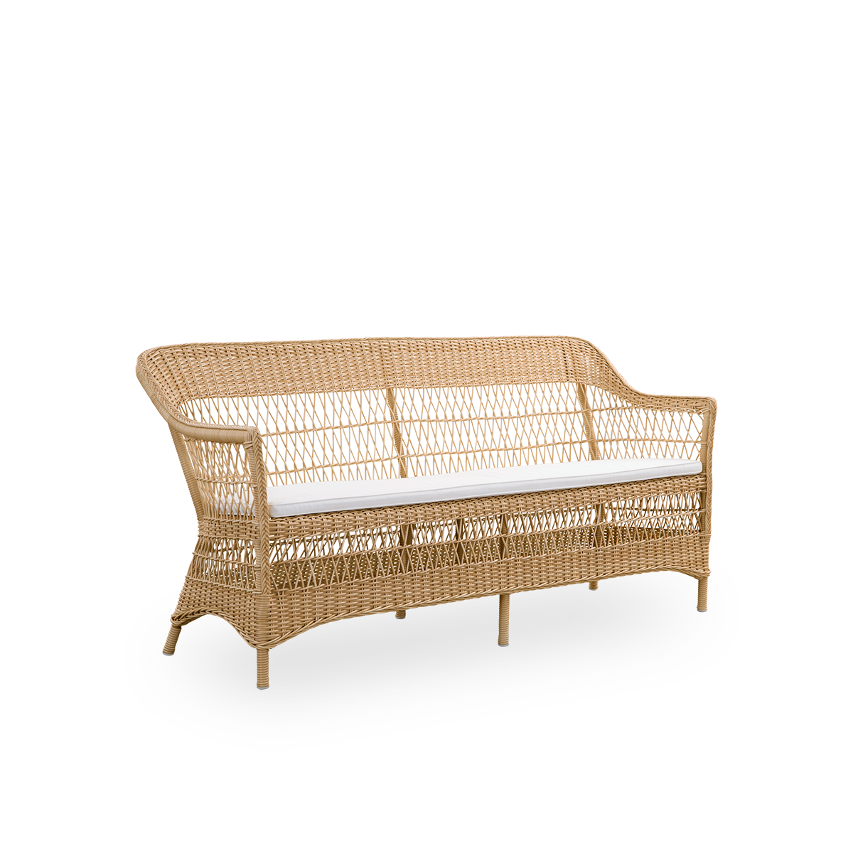 Side view af Charlot 3-personers udendørssofa i Natural, en fuldt flettet udendørssofa i britisk kolonistil, håndlavet i ArtFibre på holdbare aluminiumsrammer.