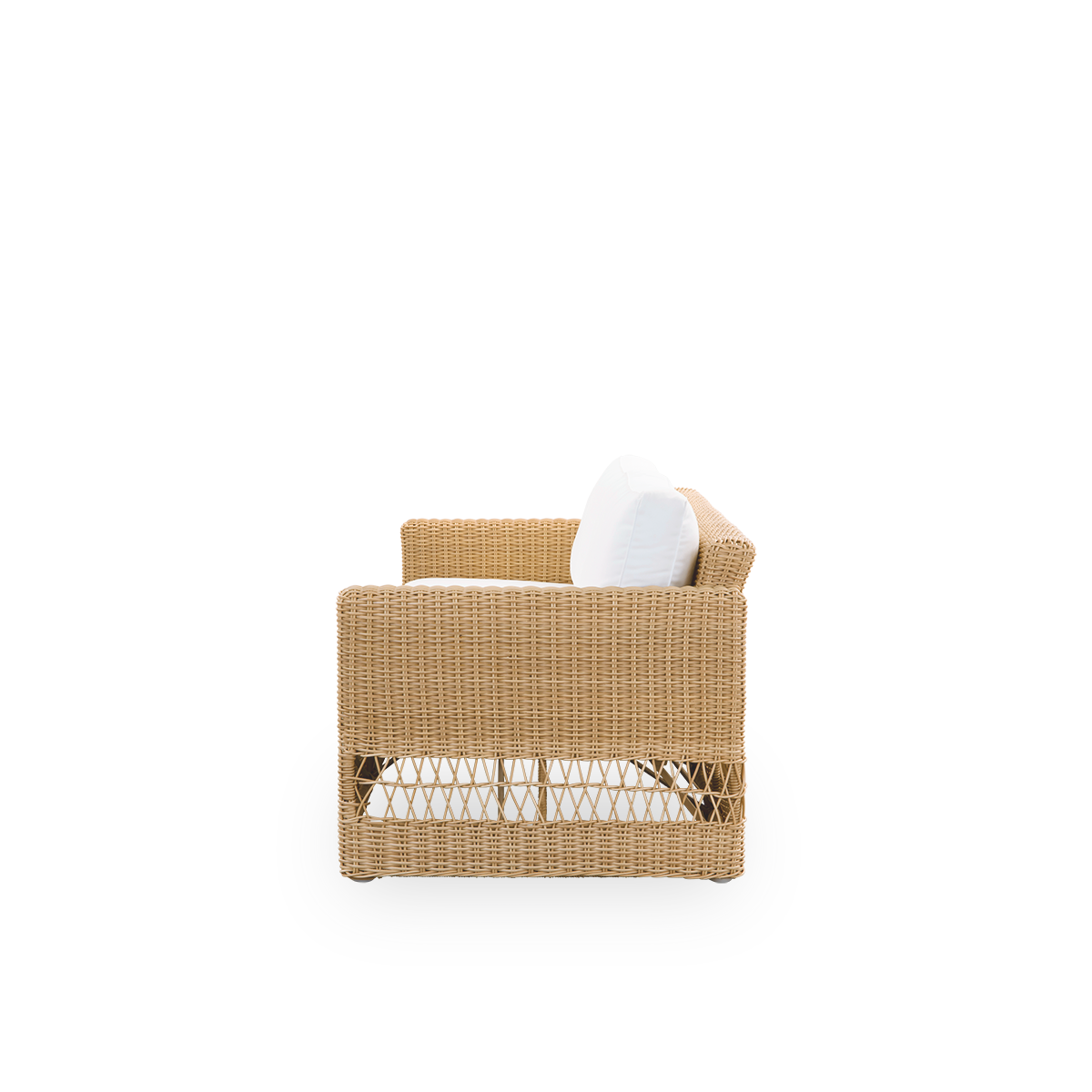 Simpel sidevisning af Carrie udendørs sofa i farven Natural. Firkantet, robust 3-personers sofa med aluminiumsramme, fuldt flettet med ArtFibre.