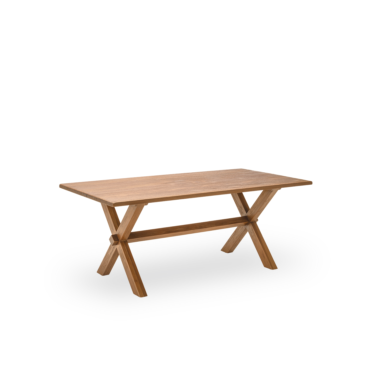 Sidevisning af Hugo spisebord, 180x90 cm, i teak med en naturlig, patineret overflade. Overfladebehandlet så træets naturlige åretegning træder frem, med plads til seks. Fremstillet i teak certificeret som Indonesian Legal Wood.