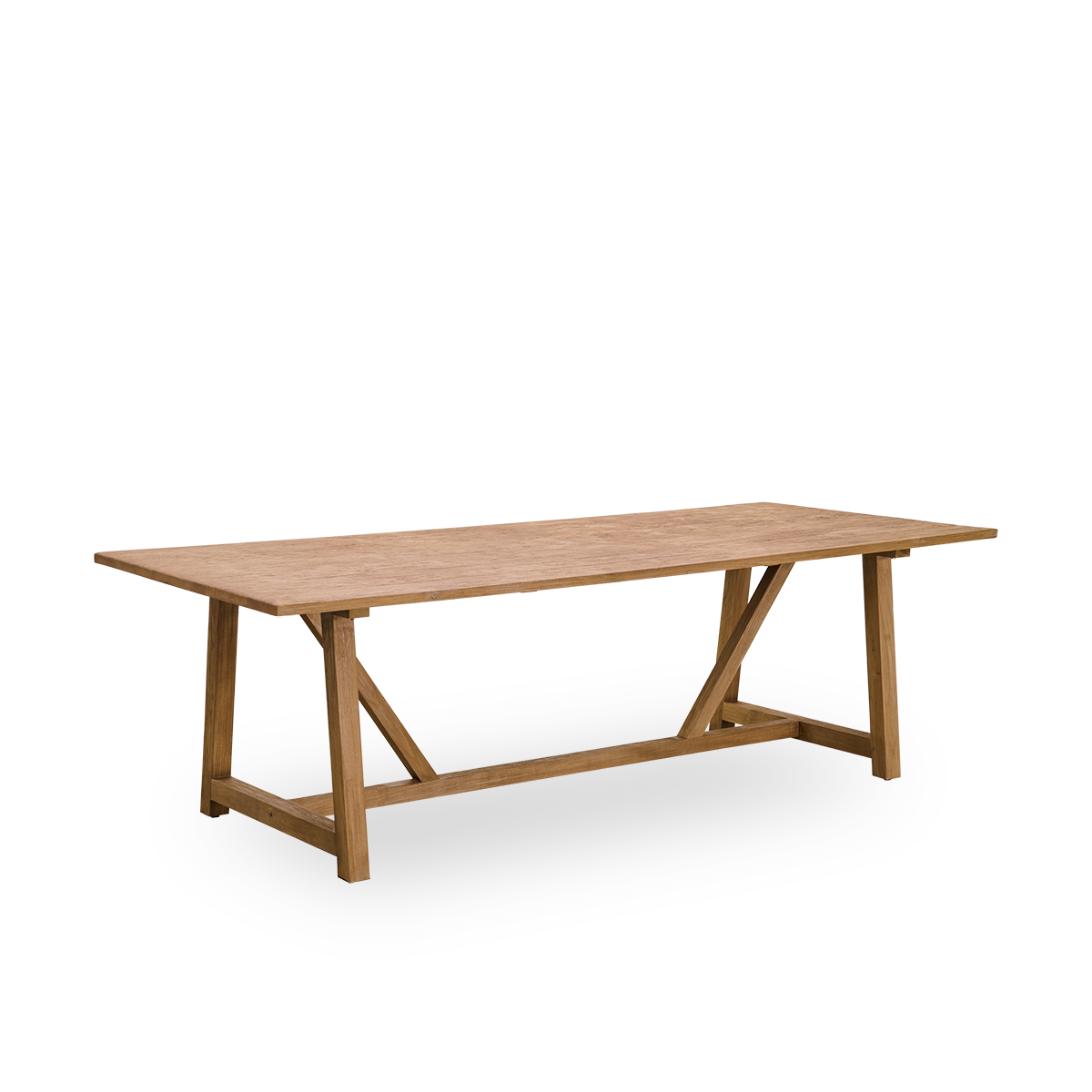 Side view af Lucas indendørs spisebord i patineret teak med rustikt, eksklusivt udseende i naturlig kastanjefarve. Størrelse 240x100 cm, plads til 8 personer.