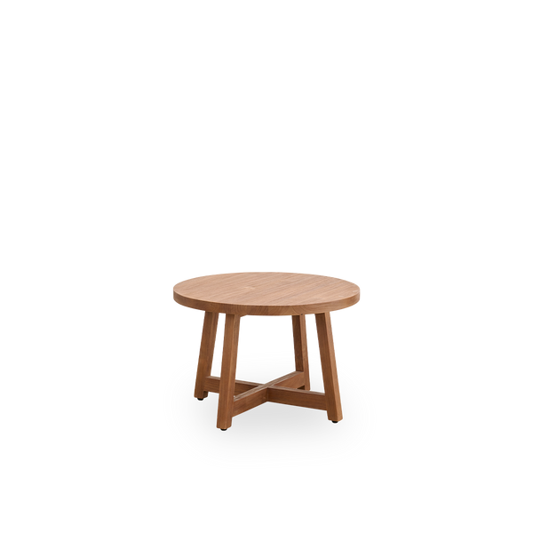 Side view af rundt sofabord med en diameter på 75 cm og en højde på 51 cm, lavet af teak med en naturlig, patineret overflade.