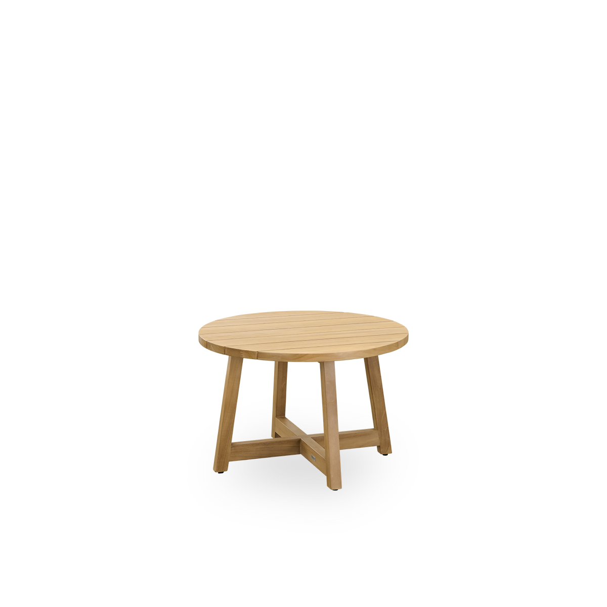 Side view af Victor rundt udendørs teakloungbord Ø75 cm. Håndlavet i høj kvalitet certificeret Indonesisk Legal Wood.