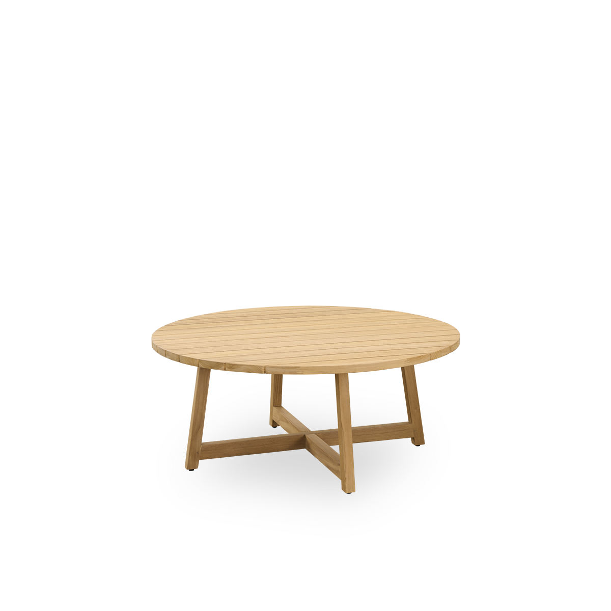 Side view af Victor rundt udendørs teakloungbord Ø120 cm. Håndlavet i høj kvalitet certificeret Indonesisk Legal Wood.