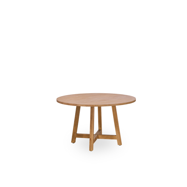 Side view af teak spisebord med en diameter på 75 cm og en højde på 51 cm. Fremstillet af teak med en naturlig, patineret overflade.