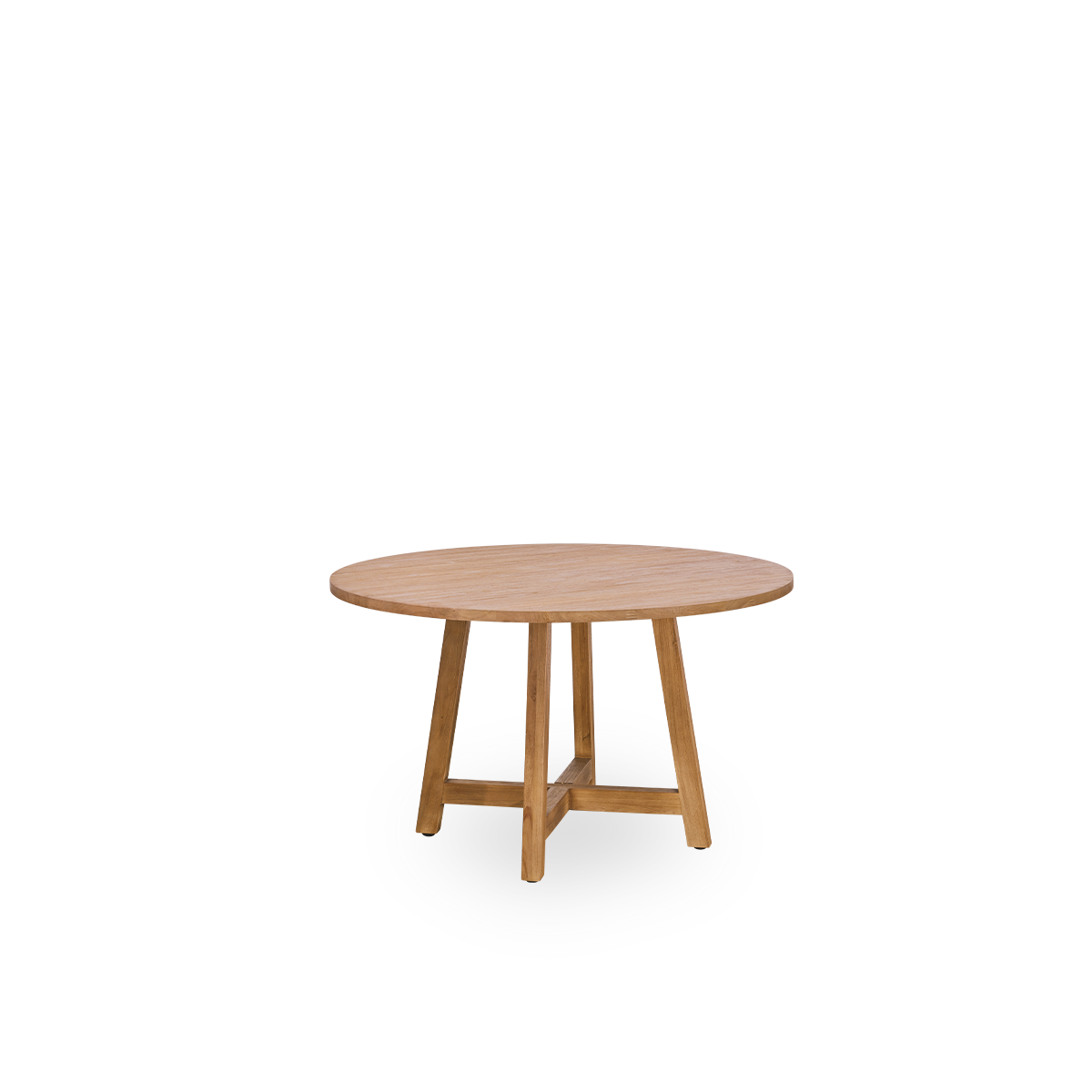 Side view af teak spisebord med en diameter på 75 cm og en højde på 51 cm. Fremstillet af teak med en naturlig, patineret overflade.