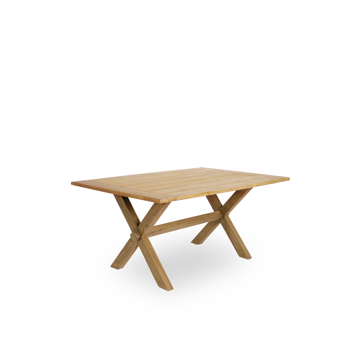 Side view af Colonial udendørs teakspisebord 160x100 cm, egnet til 4 personer. Bordet har en brun kastanjefarve, hvor træplankerne er placeret med et lille mellemrum imellem.
