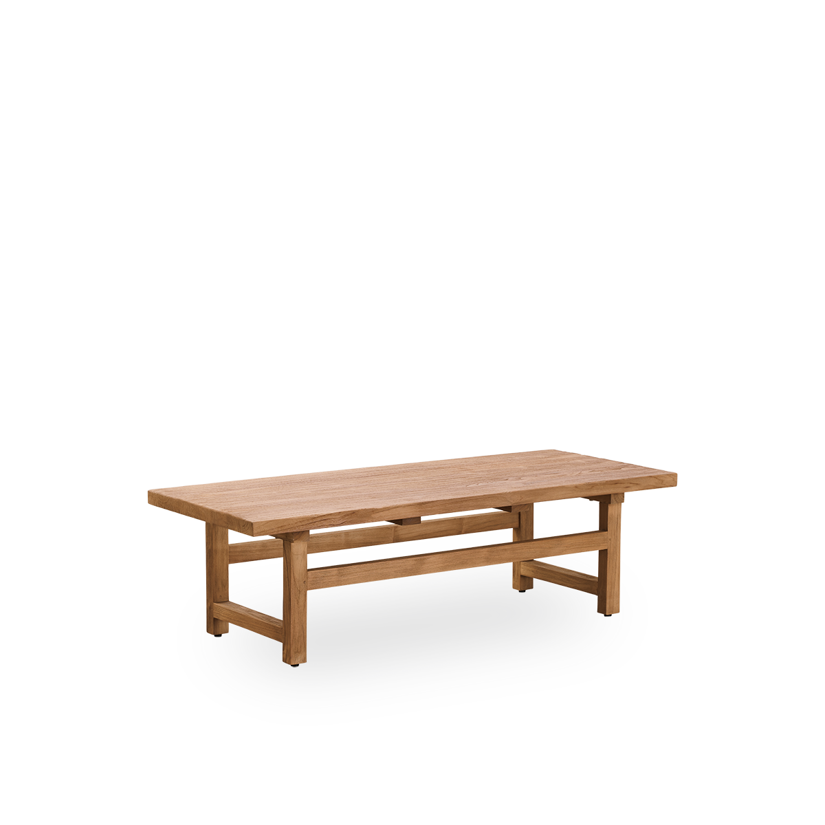 Side view af Alfred sofabord, 140x55 cm, fremstillet af indonesisk lovligt træ, med patineret teak og rustik finish, der fremhæver det naturlige træ og det solide design.