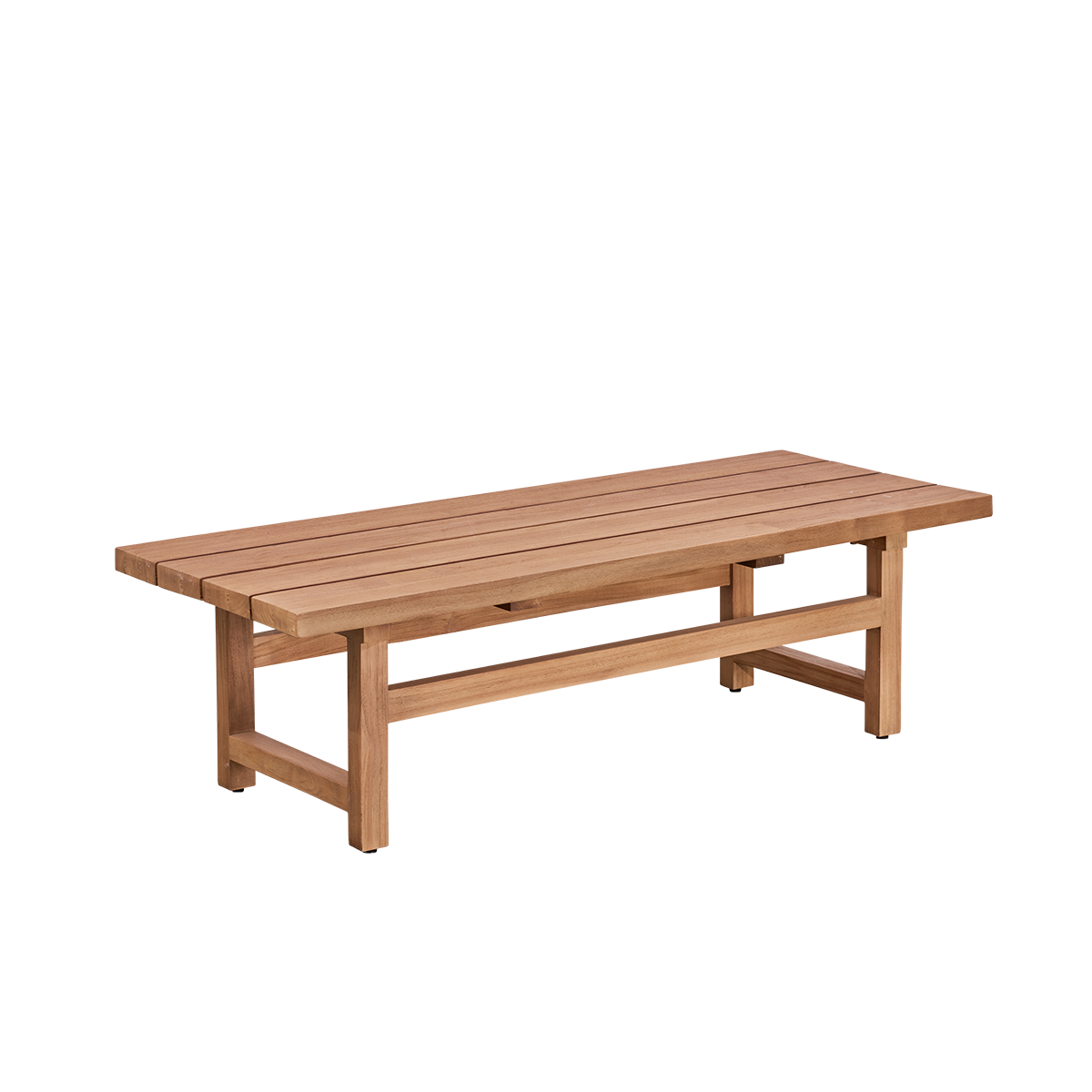 Side view af Julian udendørs teakloungbord 140x55 cm, håndlavet i premium teak fra Indonesien i kastanjebrun farve, certificeret som ‘Indonesian Legal Wood’.