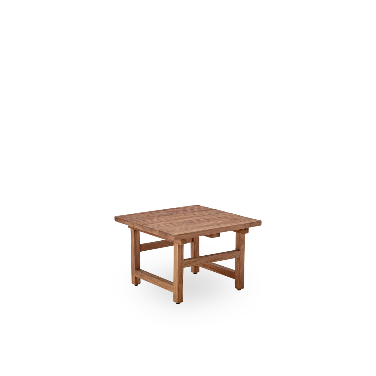 Side view af Alfred teak sidebord, 60x60 cm, fremstillet af indonesisk lovligt træ, med patineret teak og en rustik finish, der fremhæver det naturlige træ og det solide design.
