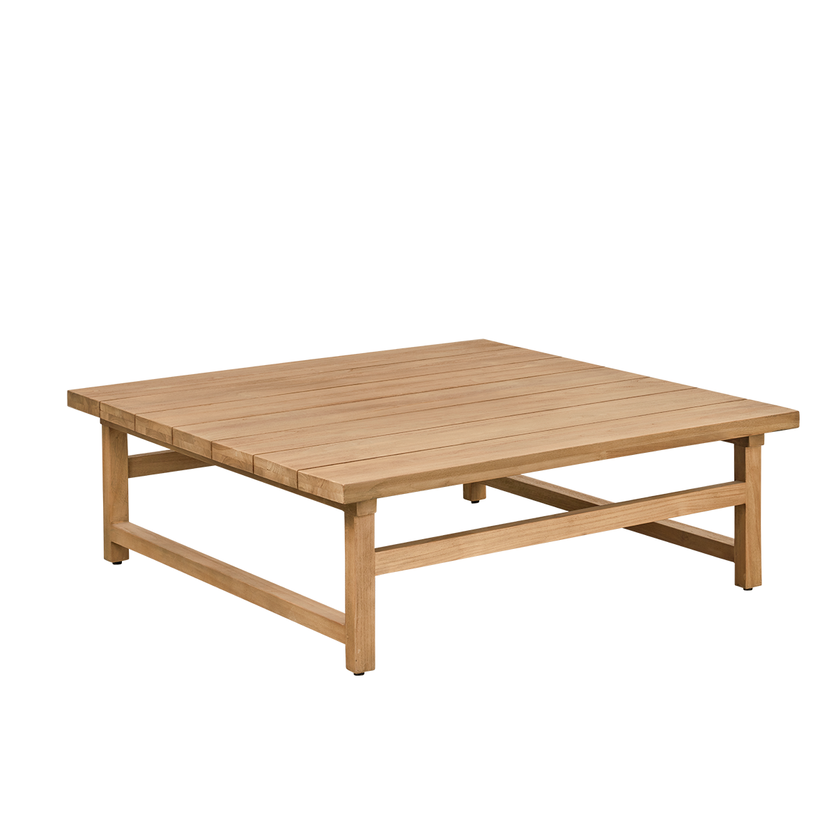 Side view af Julian udendørs teakloungbord 120x120 cm, håndlavet i premium teak fra Indonesien i kastanjebrun farve, certificeret som ‘Indonesian Legal Wood’.