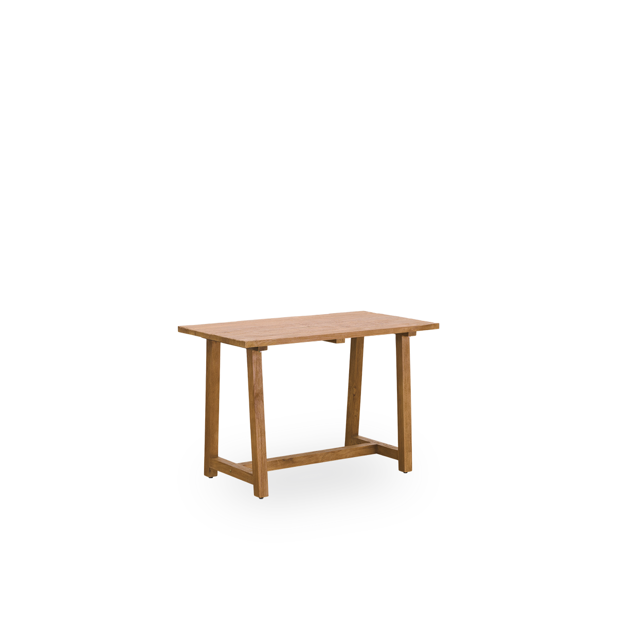 Side view af Lucas indendørs teakskrivebord i elegant, patineret teak med rustikt udseende i naturlig kastanjefarve.