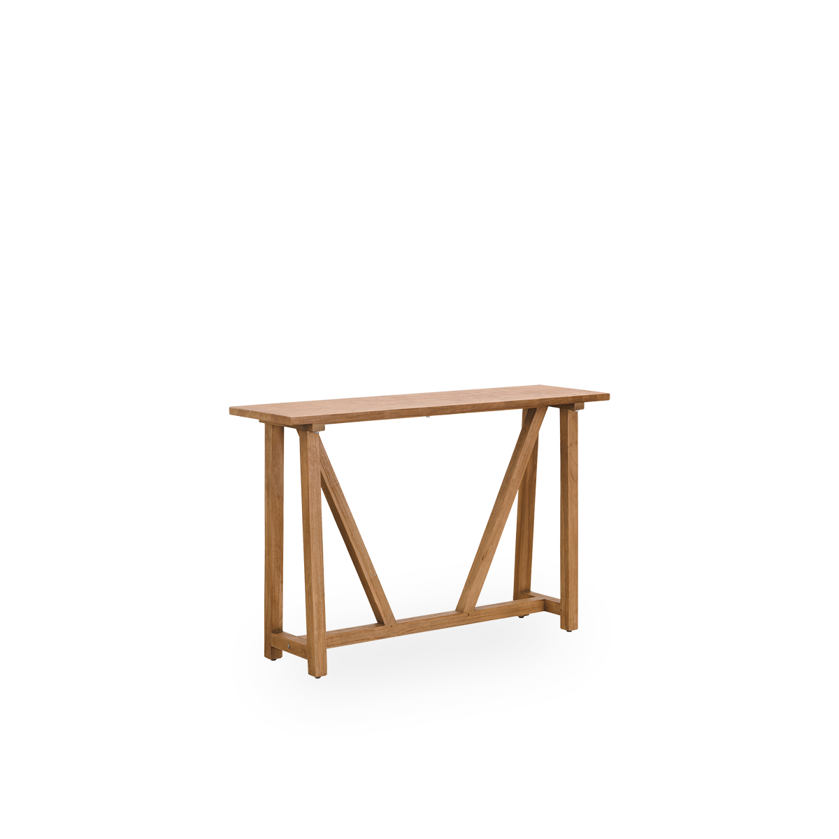 Side view af Lucas indendørs teak konsolbord i elegant, patineret teak med rustikt udseende i naturlig kastanjefarve.