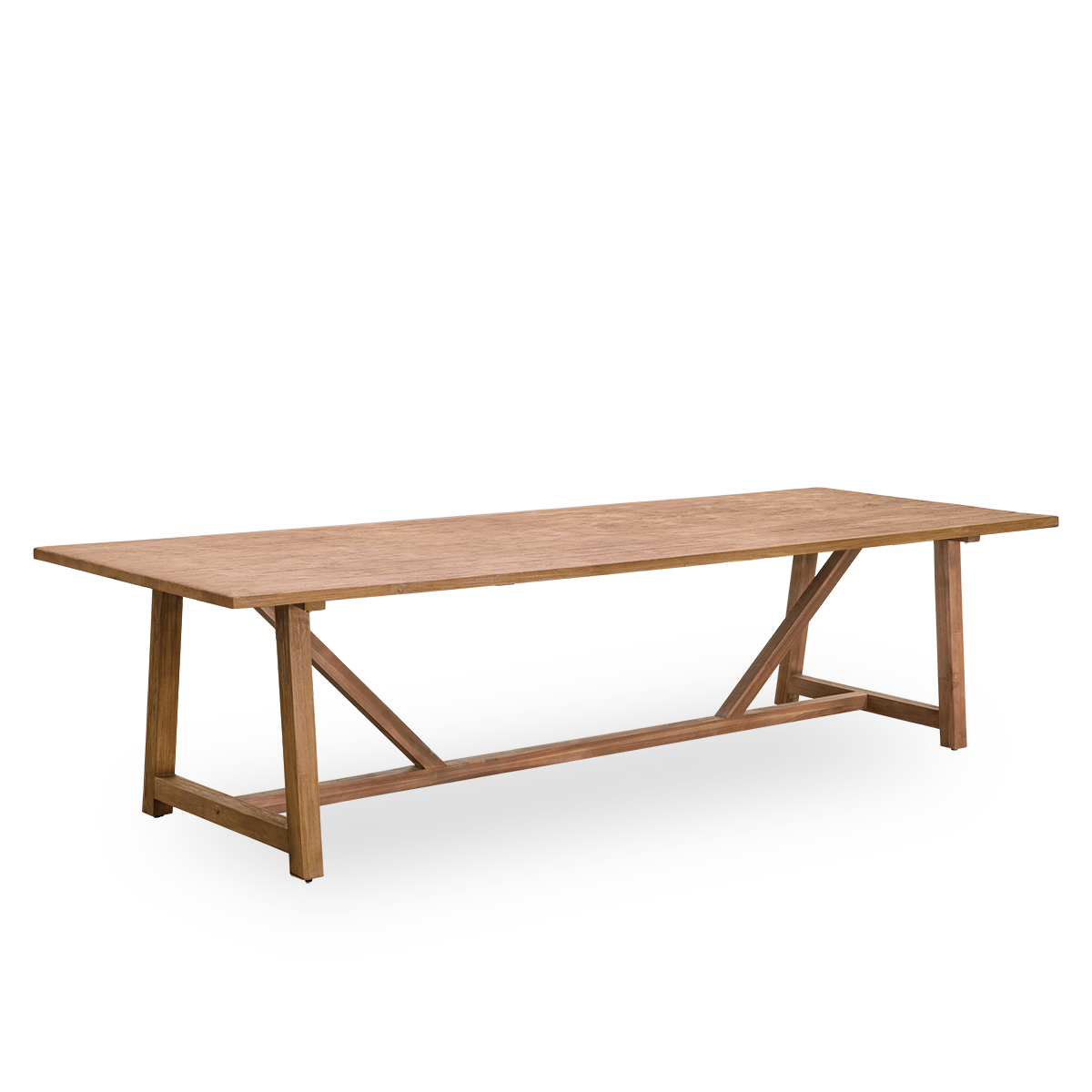 Side view af Lucas indendørs spisebord i patineret teak med rustikt, eksklusivt udseende i naturlig kastanjefarve. Størrelse 300x100 cm, plads til 10 personer.