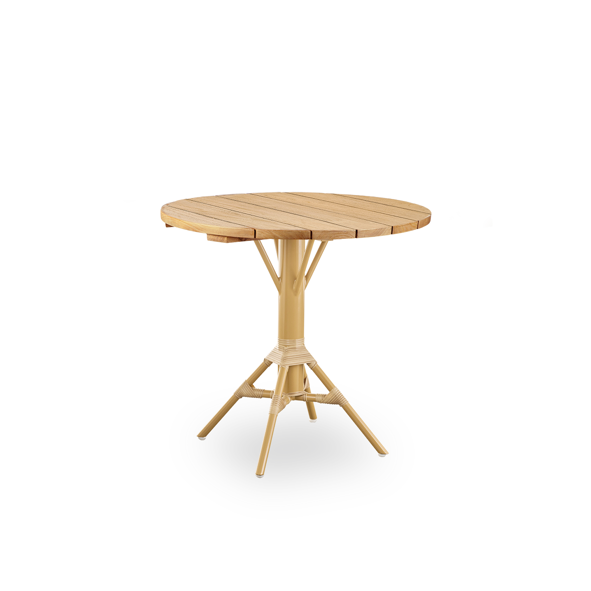 Side view af Nicole udendørs cafébord, inspireret af fransk caféstil. Pulverlakeret aluminiumsfod i mandelfarve med ArtFibre-omviklinger, med rund teakbordplade i kastanjebrun farve, Ø80 cm.