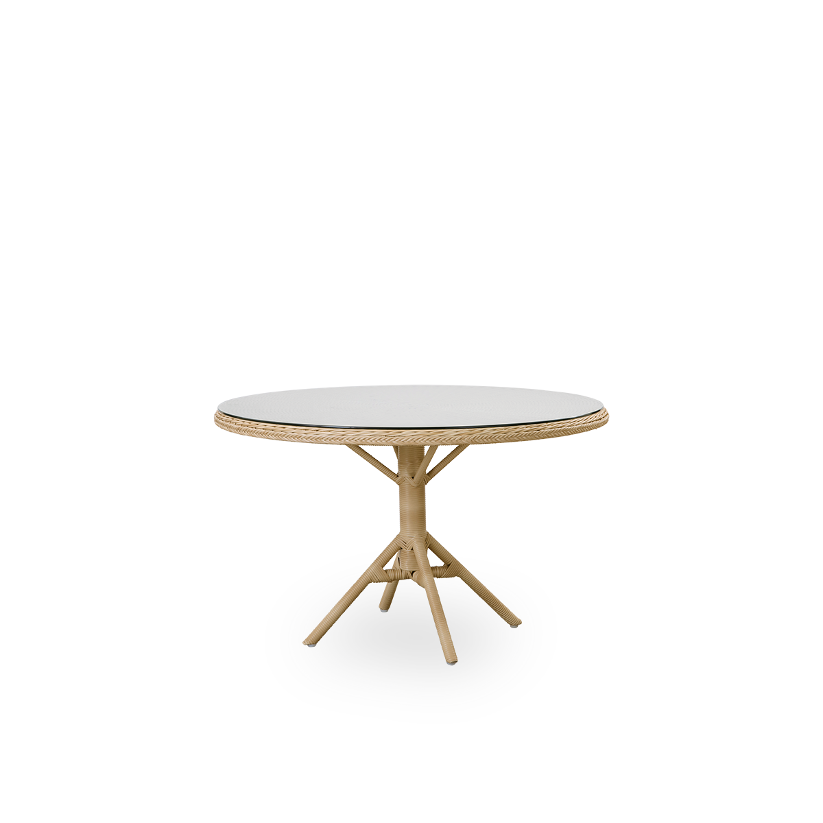 Side view af Grace udendørs spisebord i Natural, i britisk kolonistil. Aluminiumsramme fuldt flettet med ArtFibre, med løs glasplade på toppen.