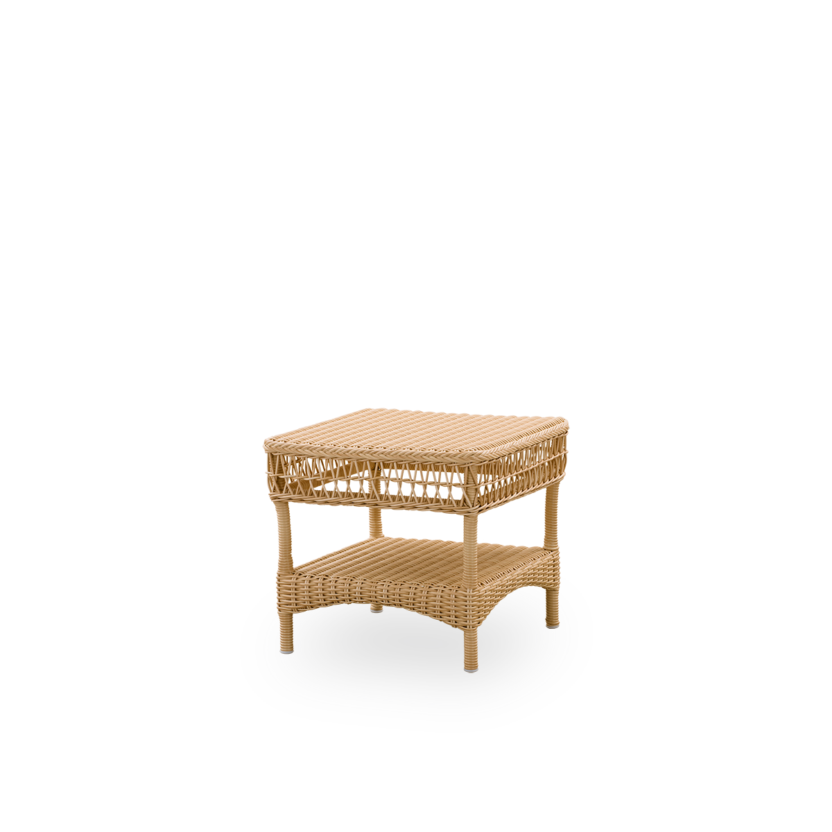 Side view af Susy Exterior udendørs sidebord i Natural-farve, inspireret af britisk kolonistil. Aluminiumsramme fuldt flettet med ArtFibre.