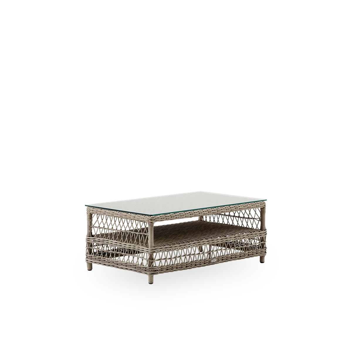 Side view af Hazel udendørs loungbord i farven Antique Grey, størrelse 100x60 cm og højde 44 cm, fuldt flettet i ArtFibre på aluminiumsramme med 8 mm løs glasplade.