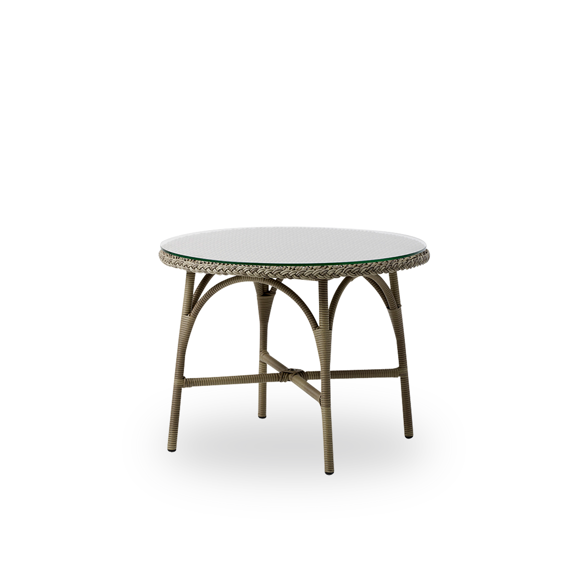 Side view af Victoria rundt udendørs sofabord med glasbordplade Ø80 cm. Aluminiumsramme fuldt flettet med ArtFibre i Antique grey farve.