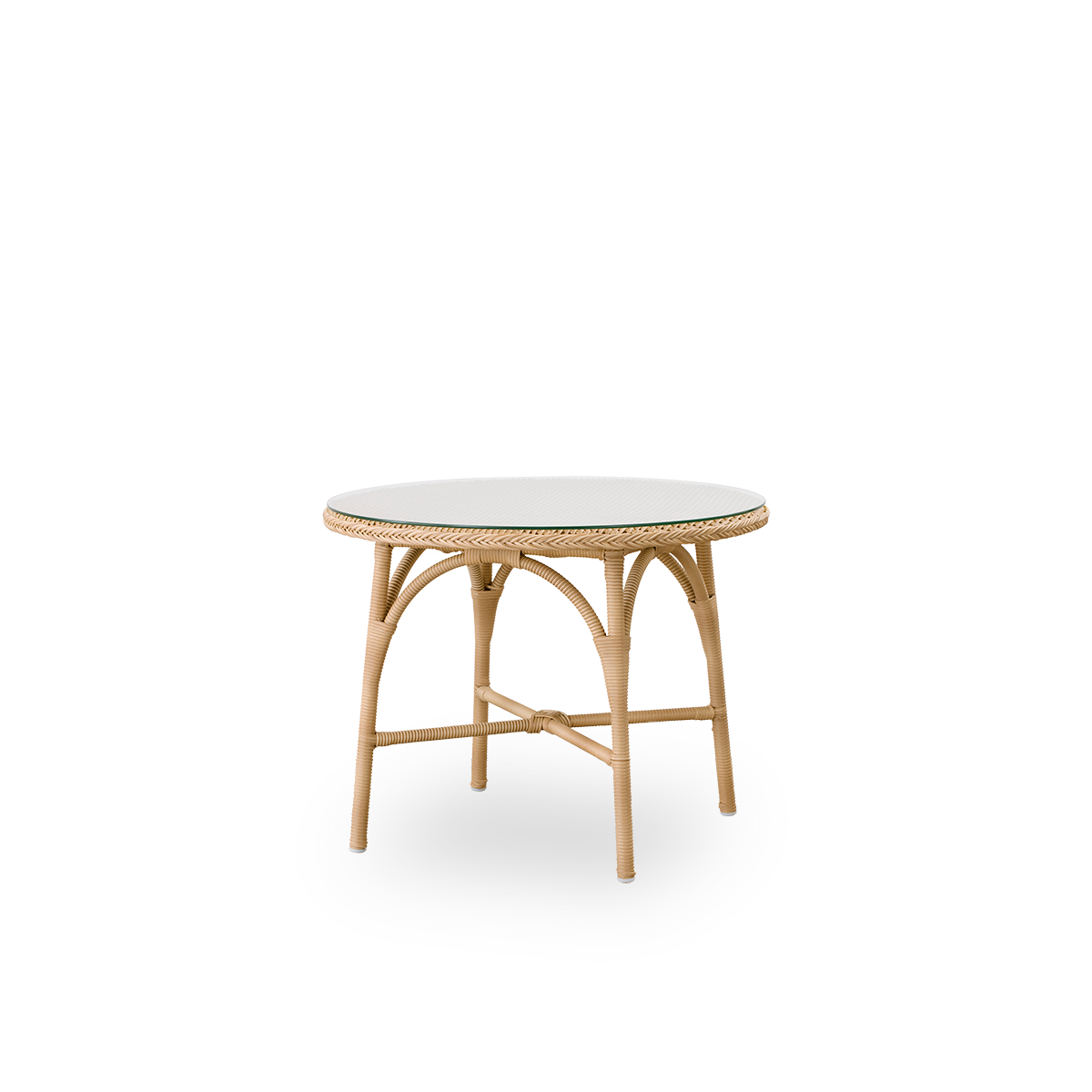 Side view af Victoria rundt udendørs sofabord med glasbordplade Ø80 cm. Aluminiumsramme fuldt flettet med ArtFibre i Natural farve.